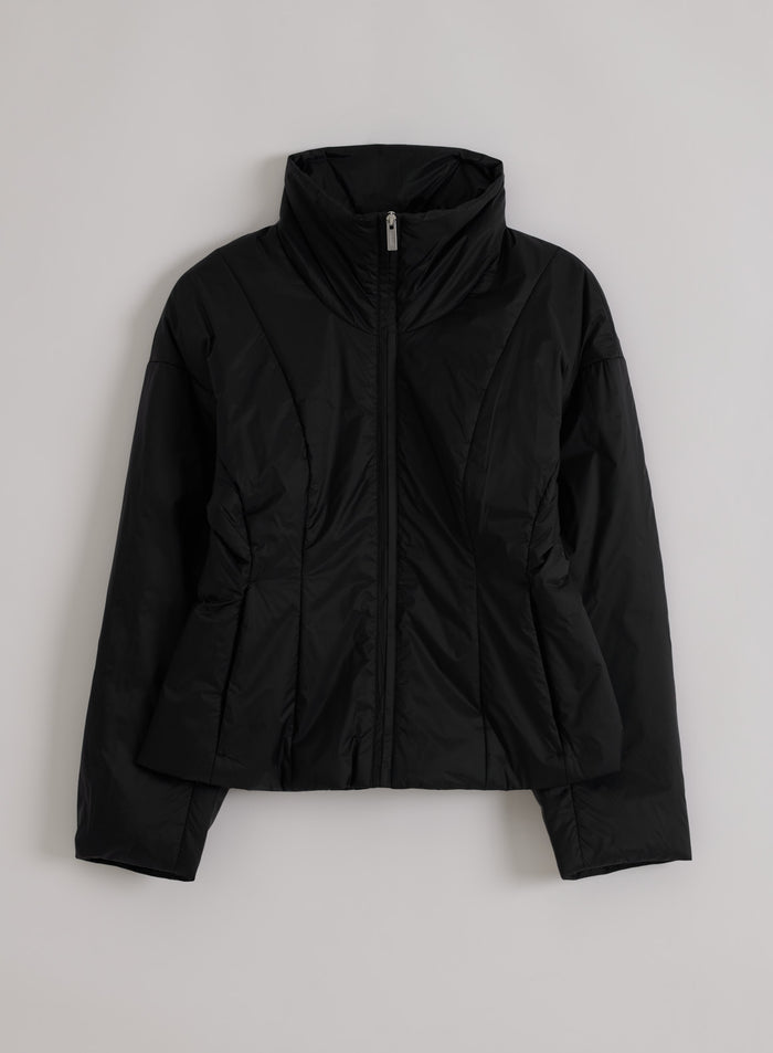 Black aim'n High Neck Contour Jacket featuring lightweight padding and a zip-up high collar in a flatlay.