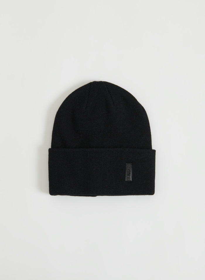 Black Outdoor Logo Beanie laid flat on a light background