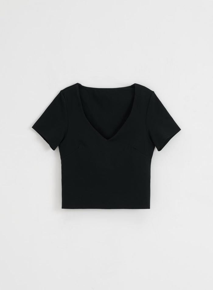 Black aim'n Sense Short Sleeve Bralette with a v-neck and laser-cut edges for a second skin fit.