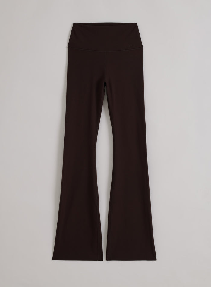 High-waisted chocolate brown aim'n Sense Flare Tall Tights featuring a flared leg in a flatlay view.