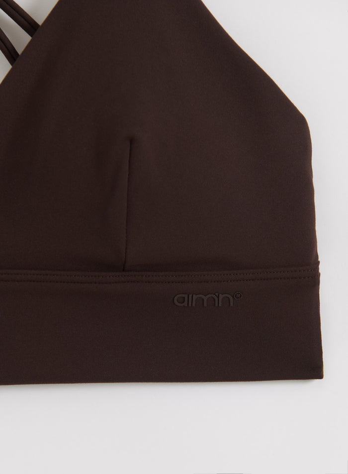 Chocolate brown Sense Strap Bra featuring a subtle aim'n logo on the underband with a second skin feel.