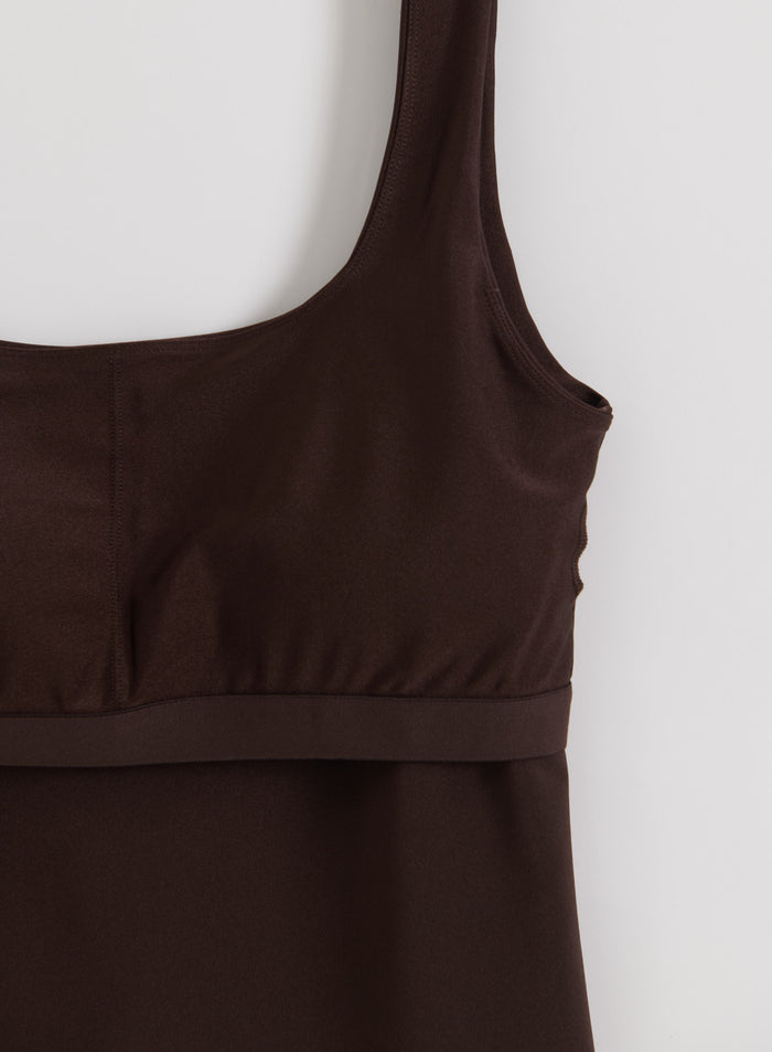 Chocolate brown shimmer singlet from aim'n featuring a deep scoop neck and sleeveless design.