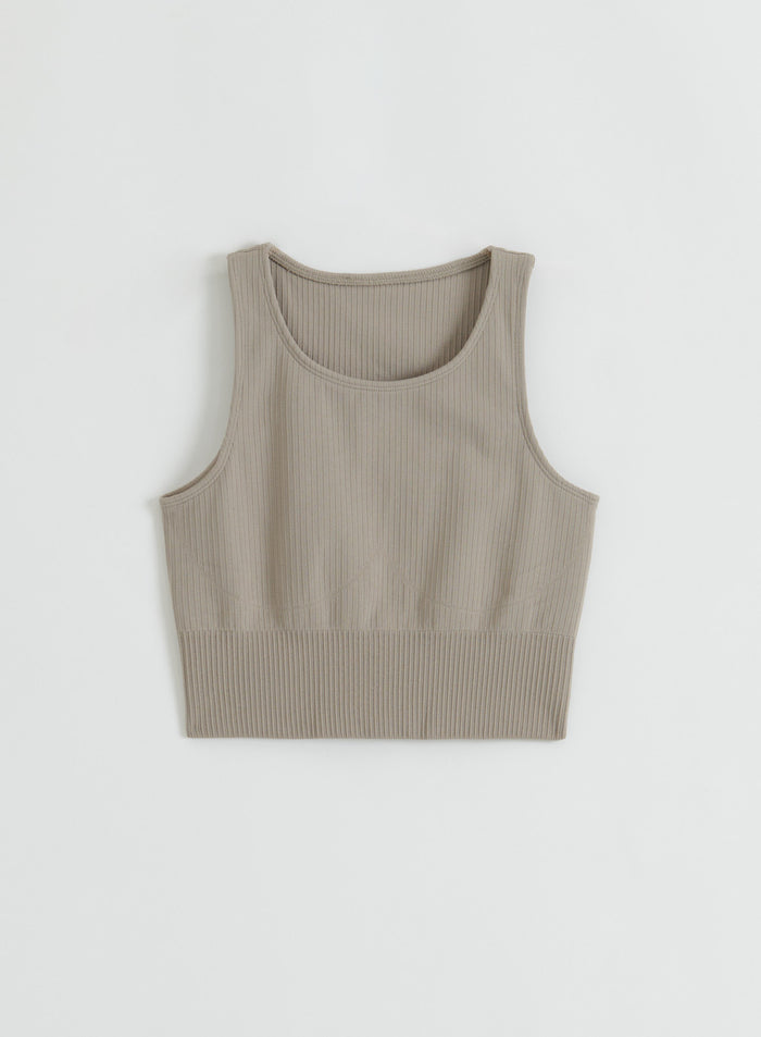 Dark Clay Ribbed Seamless Crop Top flatlay from aim'n