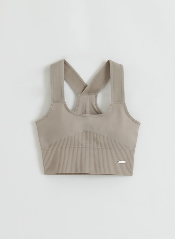 Front view of the Dark Clay Ribbed Seamless High Support Bra from aim'n