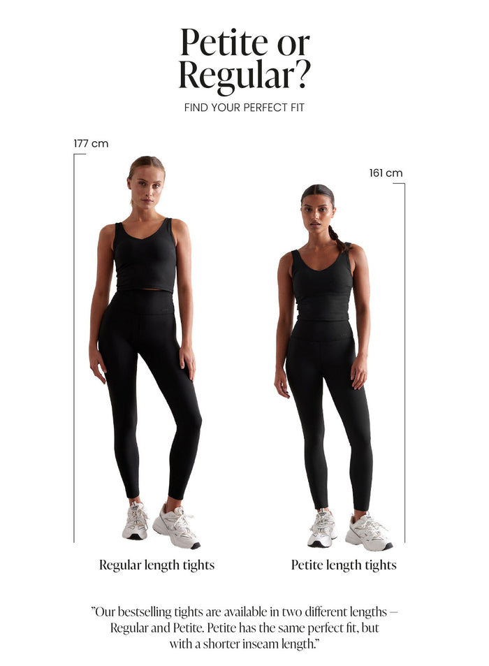 Two models compare the fit of black aim'n Shape Seamless Tights in Regular and Petite lengths.