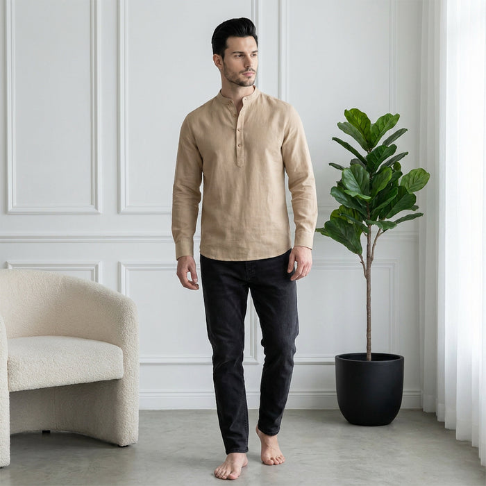 Men’s Linen Short Kurta | Solid Mandarin Collar (Dk.Beige)