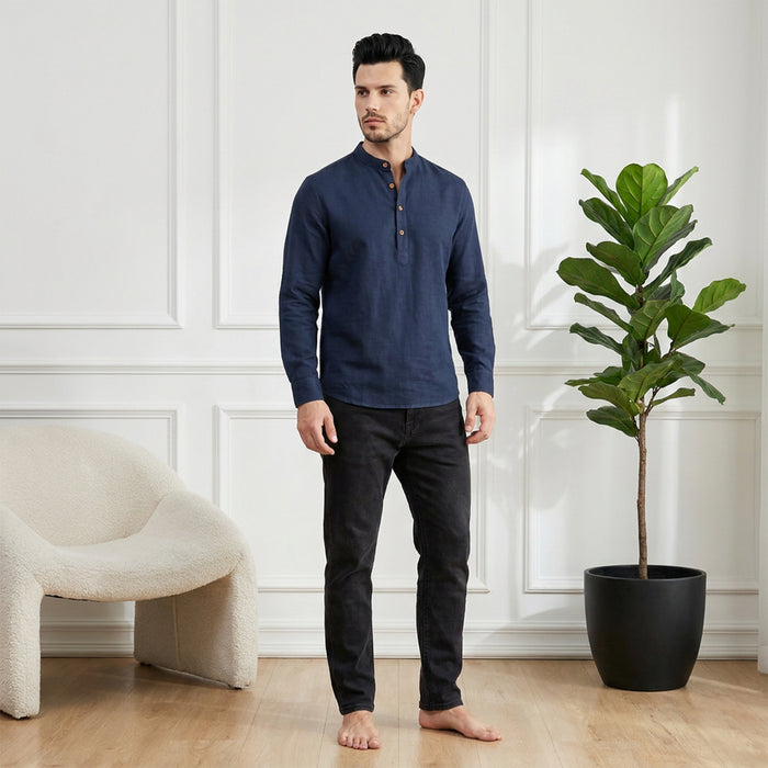 Men’s Linen Short Kurta | Solid Mandarin Collar (Navy)