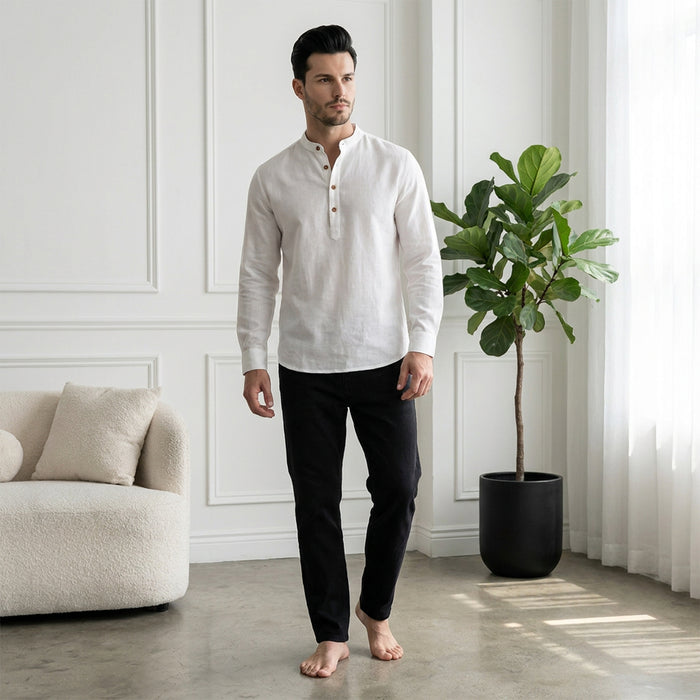 Men’s Linen Short Kurta | Solid Mandarin Collar (White)
