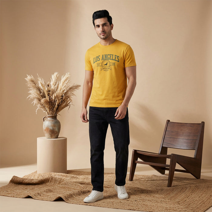 Men's Printed Round Neck Short Sleeve T-Shirt (Mustard)