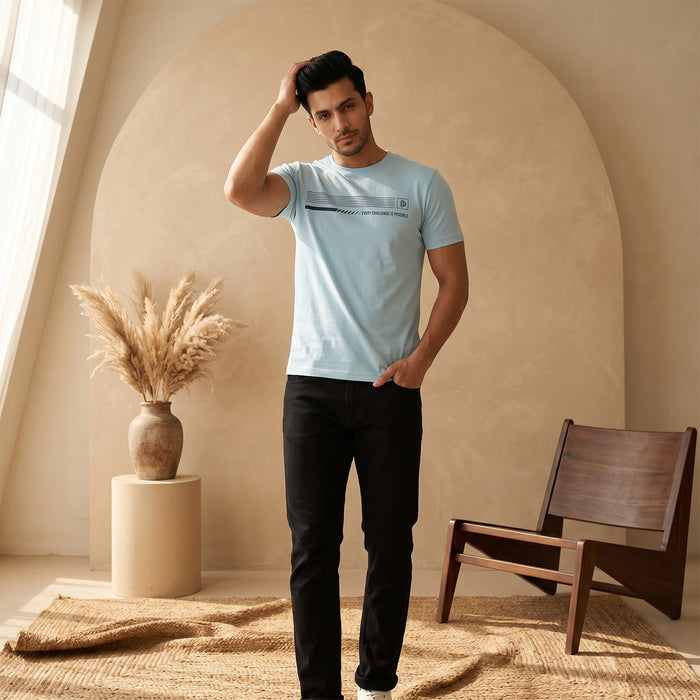 Men's Printed Round Neck Short Sleeve T-Shirt (Sky Blue)