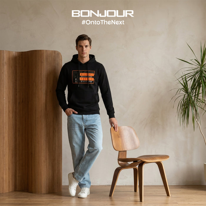 Relaxed Fit Printed Pullover Hoodie for Men (Black)