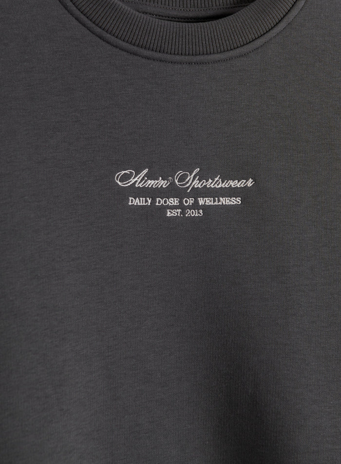 Shadow Grey Script Sweatshirt featuring a white embroidered aim'n logo and a ribbed crew neckline.