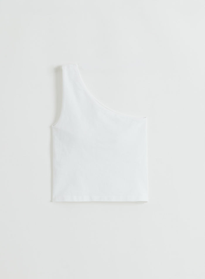 A white Shape Seamless One Shoulder Bralette from aim'n shown in a flatlay.