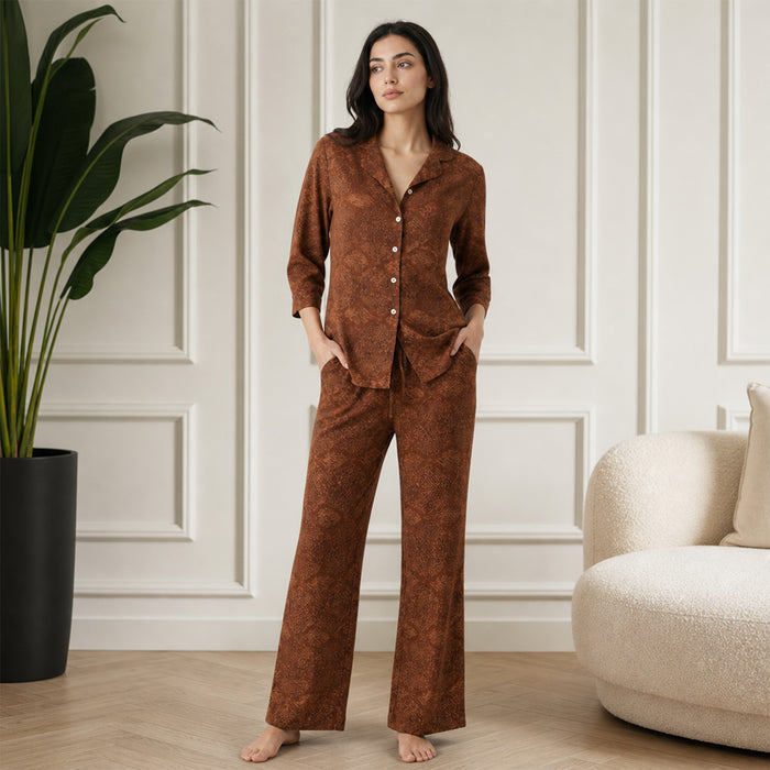 Women Printed Rayon Loungewear Set (Brown)