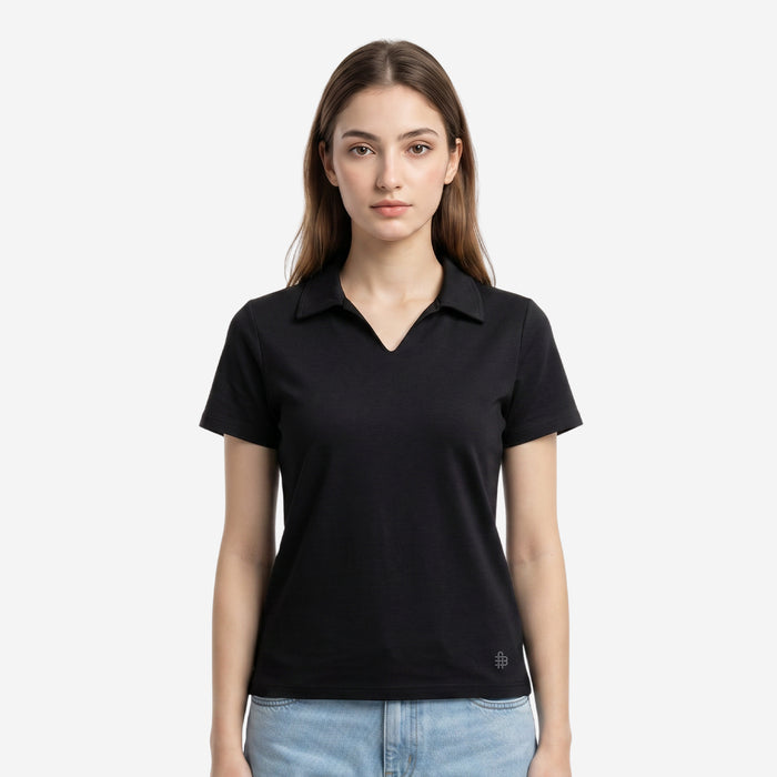 Women’s Solid Polo Half Sleeve T-Shirt (Black)