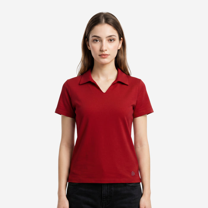 Women’s Solid Polo Half Sleeve T-Shirt (Red)