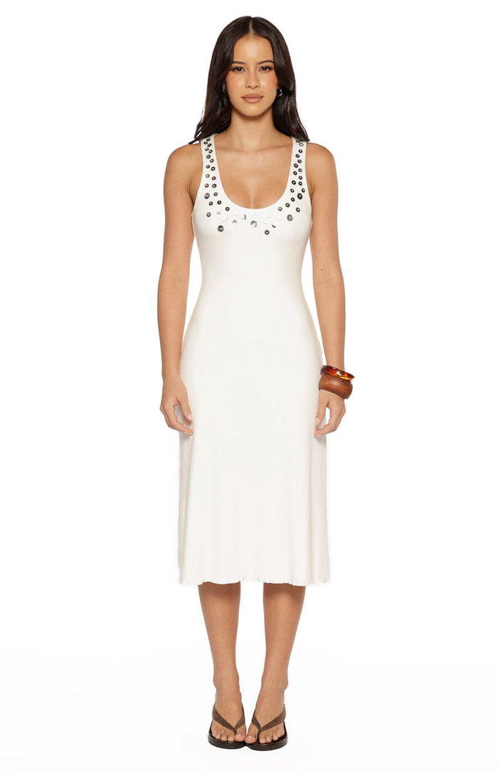 Front view of a white scoop neck midi dress with decorative silver button details on the neckline and straps