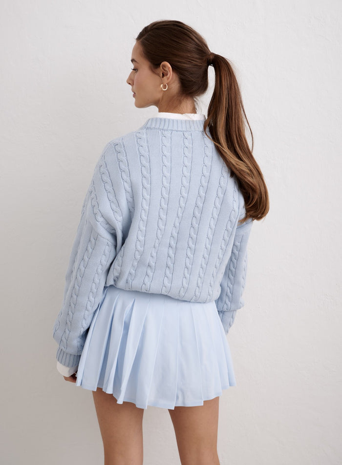 Light blue Aura Club Cable Knit Sweater in a soft cotton cable pattern with a relaxed fit. [M-174cm]