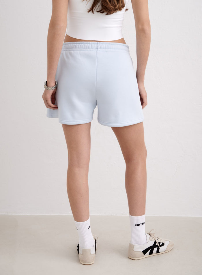 Light blue Aura Script Sweat Shorts by aim'n shown from behind in a soft sweat fabric. [S-174cm]