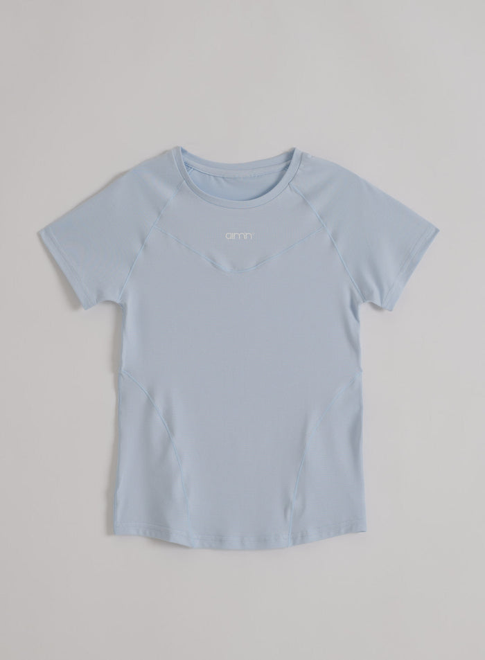 Aura blue Soft Basic Short Sleeve workout top featuring a printed aim'n logo in a flatlay view. [S-174cm]