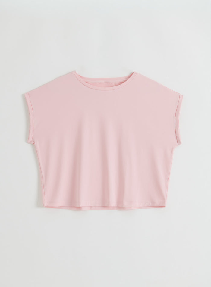 Ballerina pink Soft Basic Roll Sleeve Top from aim'n with a relaxed fit and rolled sleeves, shown in a flatlay.