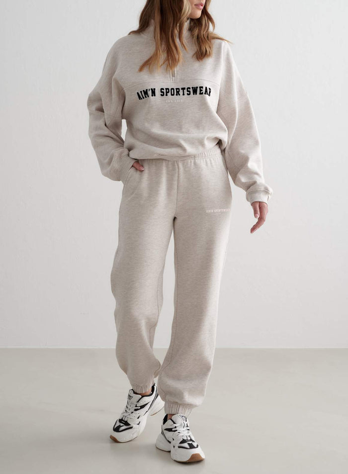 Beige Melange Varsity Sweat Set