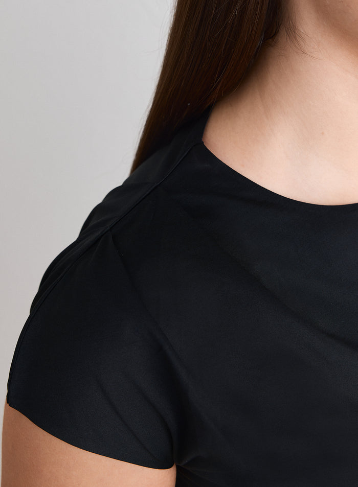 Close-up of the shoulder detail on the black Luminous Draped Short Sleeve [L-174cm]