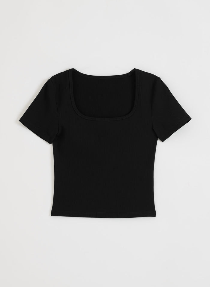 Black micro-ribbed performance t-shirt from aim'n with a square neckline, shown in a flatlay view.