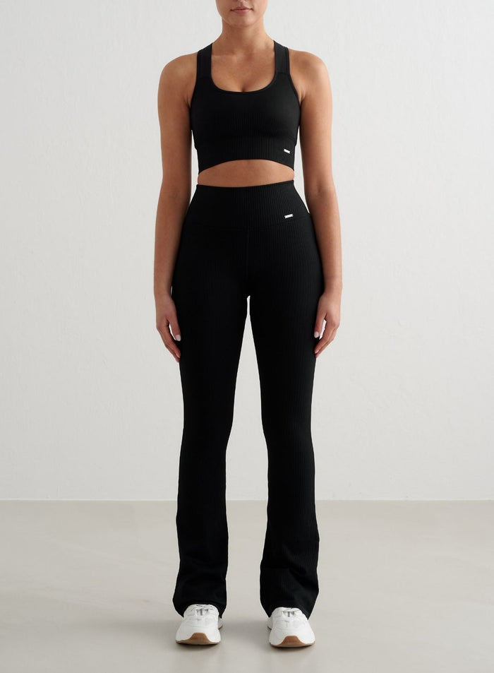 Black Ribbed Seamless Flare Tights