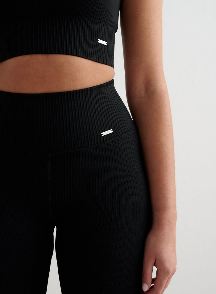 Black Ribbed Seamless Flare Tights