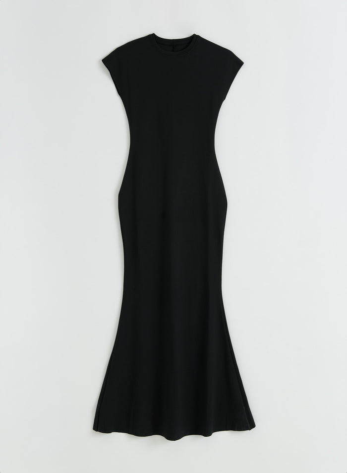 A flatlay of the black Sense Mermaid Cap Sleeve Dress from aim'n