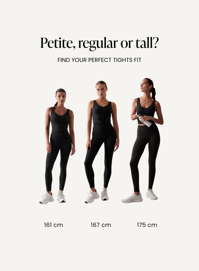 Three female models in black aim'n seamless tights and tops demonstrating petite (161 cm), regular (167 cm), and tall (175 cm) fits [petite-tall-CM]