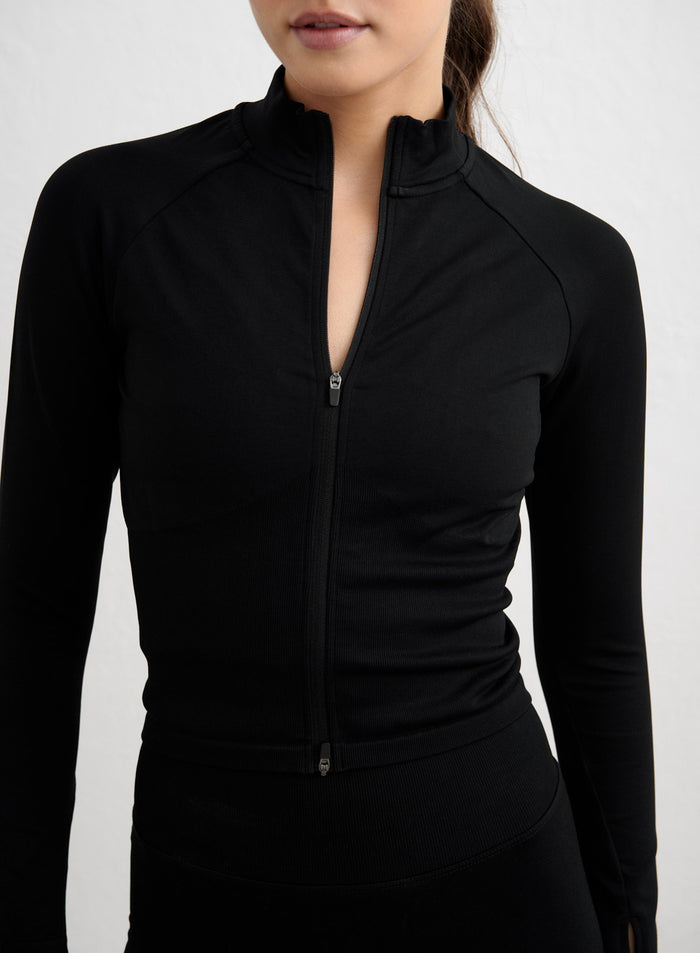 Black Shape Seamless Zip Jacket with a full-length zipper and contouring ribbed texture for a tight fit. [S-178cm]