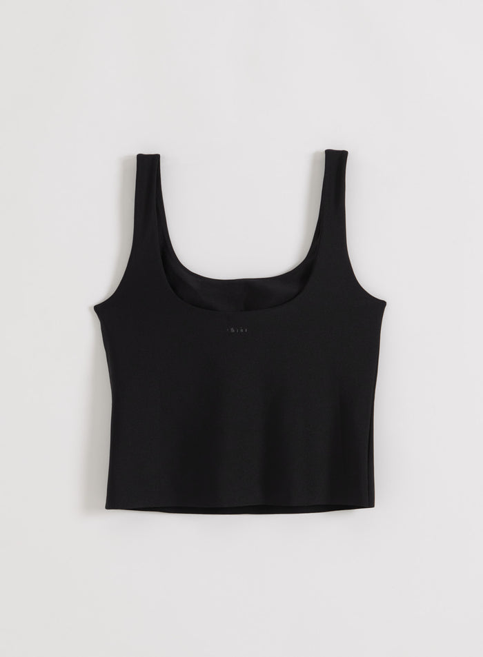 Black shimmer singlet with a scoop neck and wide straps by aim'n, displayed as a flatlay.
