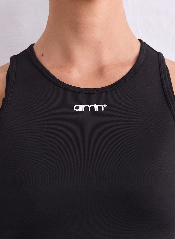 Black Soft Basic Singlet back view featuring a regular fit and round neckline from aim'n.