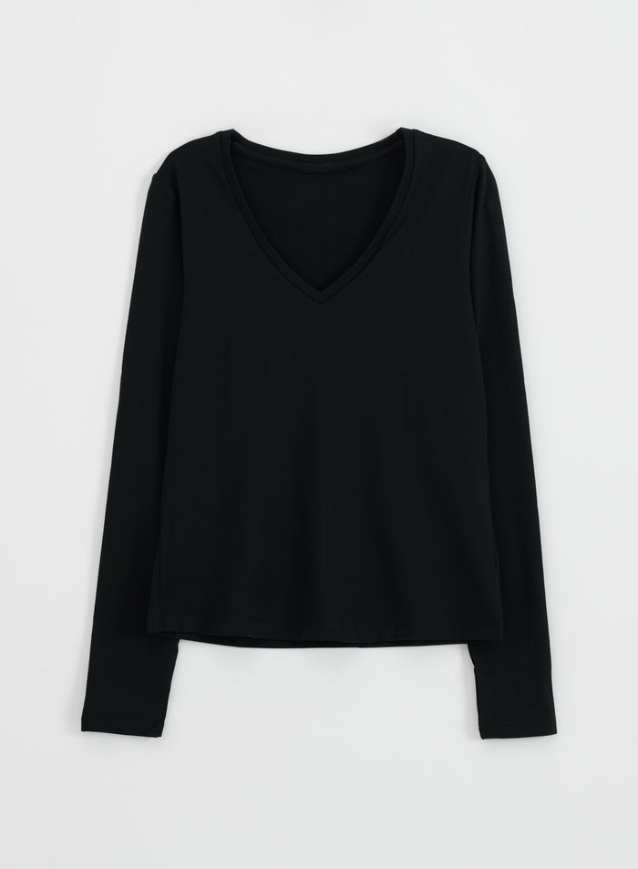 Black Soft Basic V-neck Long Sleeve