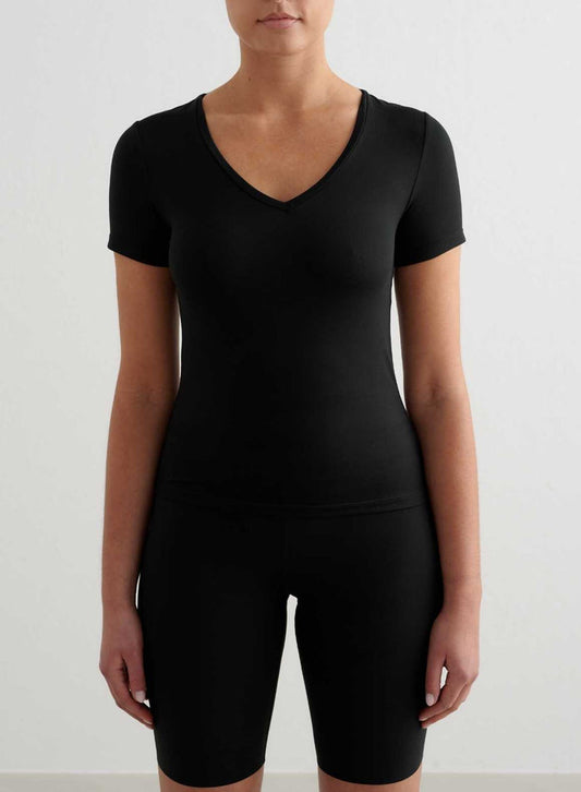 Black Soft Basic V-neck short sleeve top by aim'n featuring a tight fit and ultra-soft functional fabric.