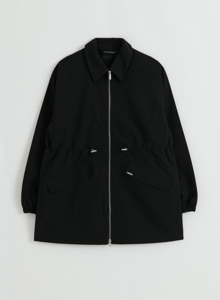 Black waterproof zip jacket with silver zipper, collar, adjustable elastic waist, and two front pockets with lids, displayed flat on a white background.