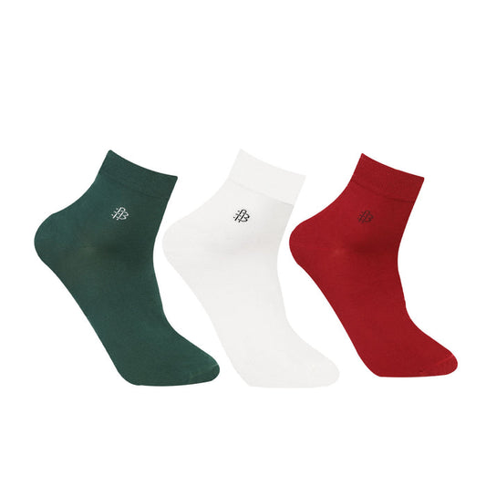 Bonjour Solid Collection Bamboo Ankle Socks for Men - Pack of 3 (Dk Green, Maroon & White)