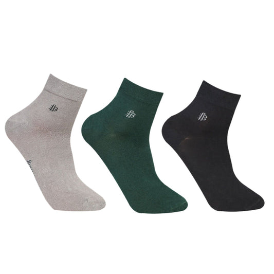 Bonjour Solid Collection Bamboo Ankle Socks for Men - Pack of 3 (Grey, Dk Green & Black)