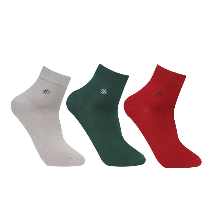 Bonjour Solid Collection Bamboo Ankle Socks for Men - Pack of 3 (Grey, Maroon &  Dk Green)
