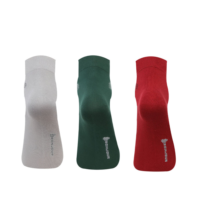 Bonjour Solid Collection Bamboo Ankle Socks for Men - Pack of 3 (Grey, Maroon &  Dk Green)