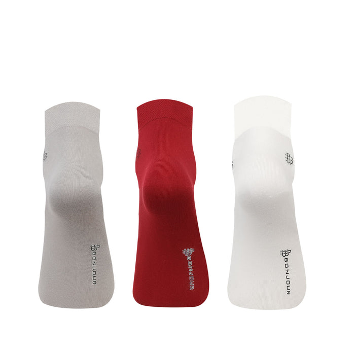 Bonjour Solid Collection Bamboo Ankle Socks for Men - Pack of 3 (Grey, Maroon & White)