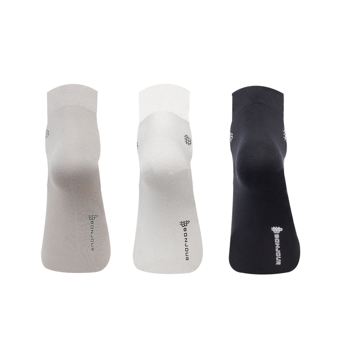 Bonjour Solid Collection Bamboo Ankle Socks for Men - Pack of 3 (Grey, White & Black)