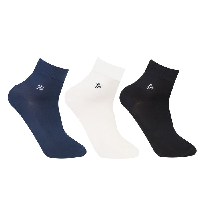 Bonjour Solid Collection Bamboo Ankle Socks for Men - Pack of 3 (Navy, Black & White)