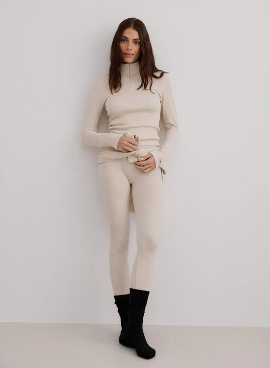 Café Au Lait Ribbed Wool Set With Half Zip Top