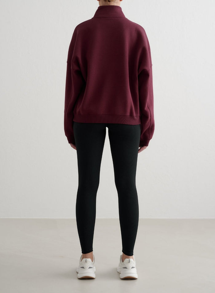 Cherry Varsity Sweat Half Zip from aim'n in a relaxed fit with ribbed details, back view.