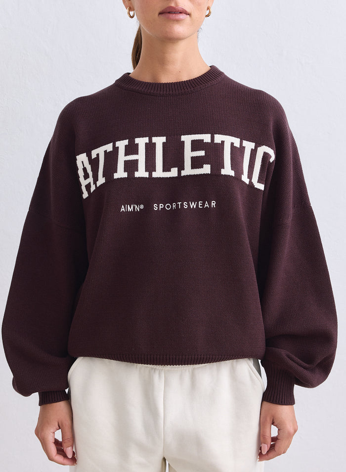 Chocolate Athletic Knit Sweatshirt with white lettering and ribbed trims by aim'n [S-165cm]