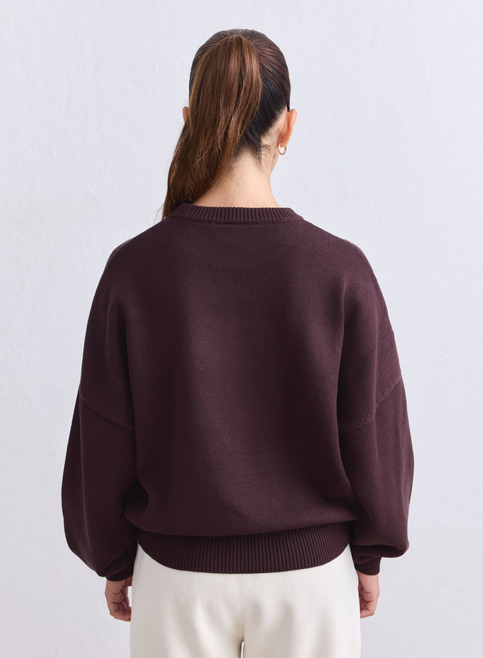 Chocolate brown Athletic Knit Sweatshirt from aim'n, shown from the back view. [S-165cm]
