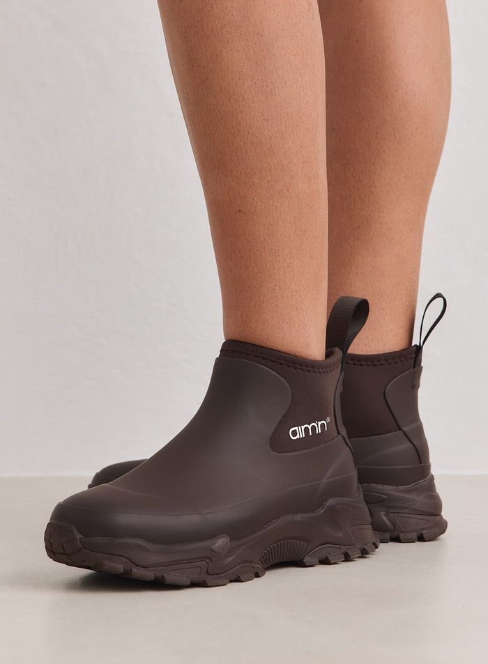 Chocolate Fusion Rain Boots by aim'n featuring a chunky sneaker outsole and Chelsea pull-on style.